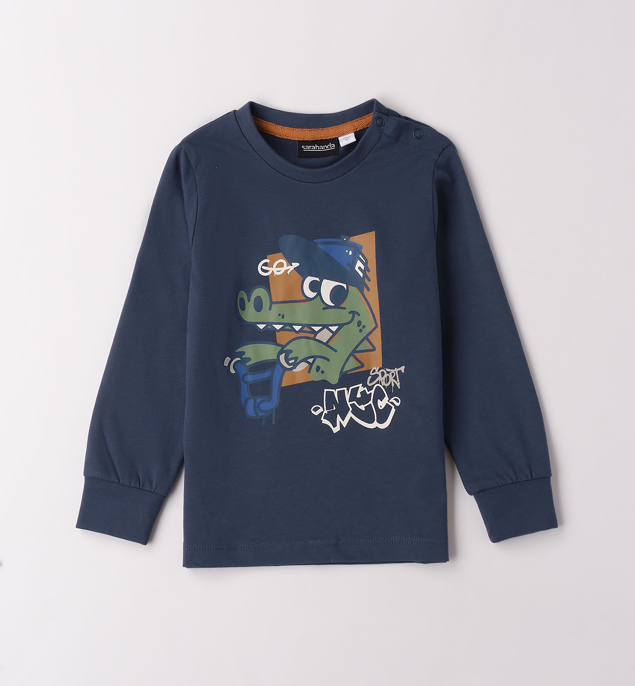 Maglietta bambino a maniche lunghe blu scura con disegno coccodrillo