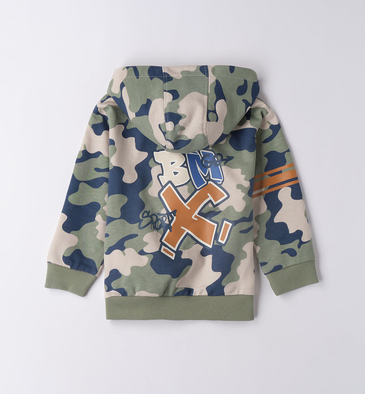 Felpa bambino a maniche lunghe con zip e cappuccio, fantasia militare