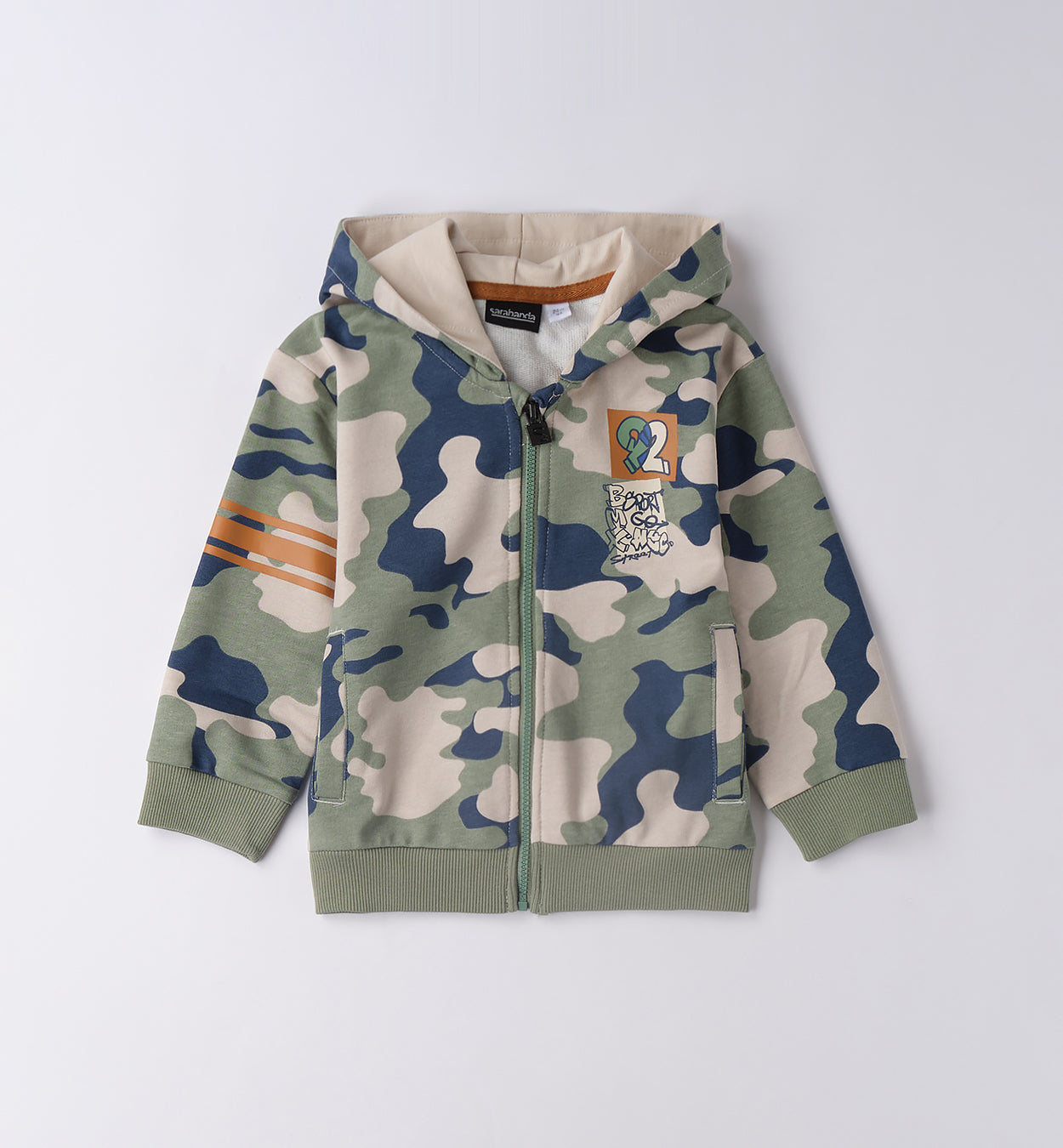Felpa bambino a maniche lunghe con zip e cappuccio, fantasia militare
