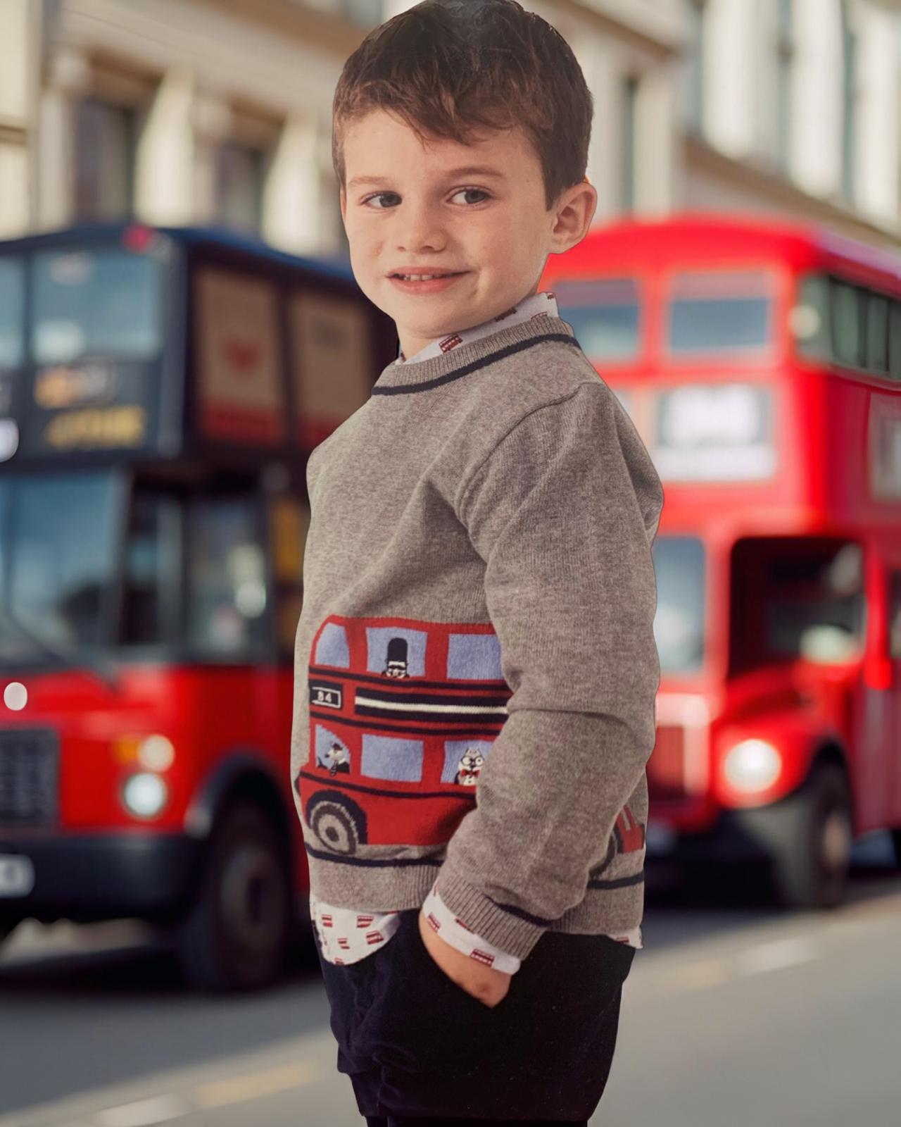 Boboli Maglione Bambino Stampa Autobus Grigio