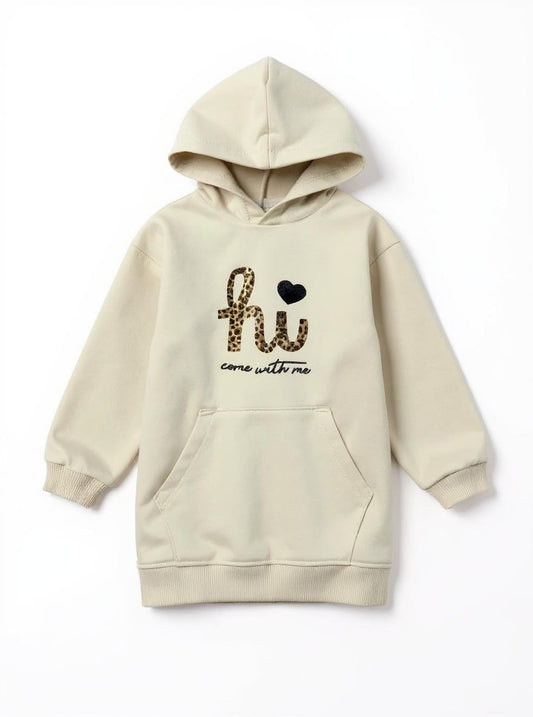Felpa Oversize Bambina con Cappuccio Beige e Stampa "Hi" Maculata