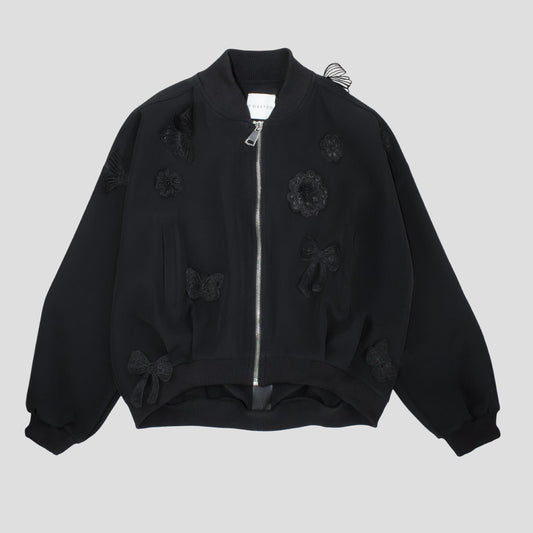 Giacca Bomber Oversize Nera Ragazza con Fiocchi e Fiori – TOBETOO