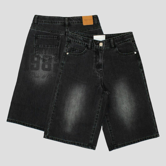 Bermuda Jeans Ragazza Nero Slavato con Stampa e Vita Regolabile – TOBETOO