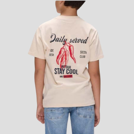 T-Shirt Oversize Ragazzo Beige con Stampa e Ricamo Peperoncini - RETOUR