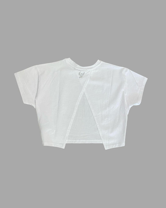 T-Shirt Corta Ragazza Bianca con Logo Brillantini e Schiena Aperta- FREDDY