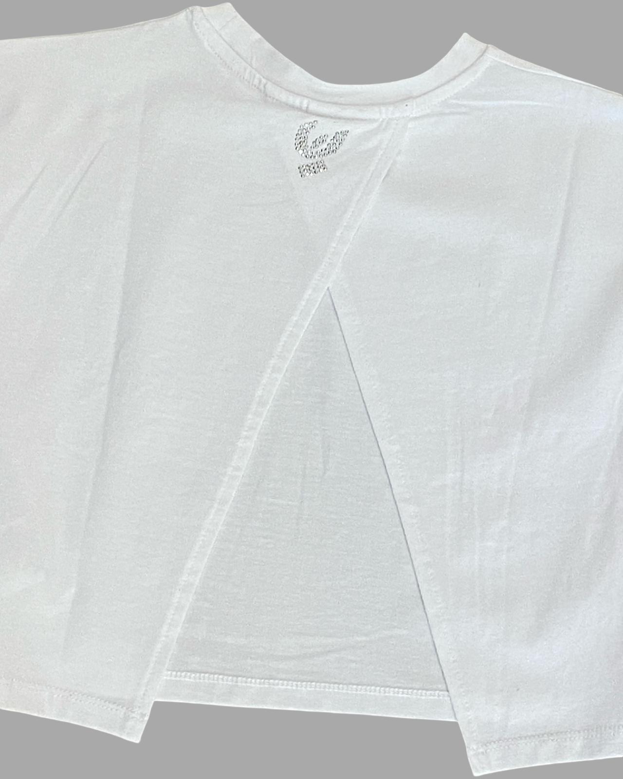 T-Shirt Corta Ragazza Bianca con Logo Brillantini e Schiena Aperta- FREDDY - OOPS by BabyBimbo 0-16