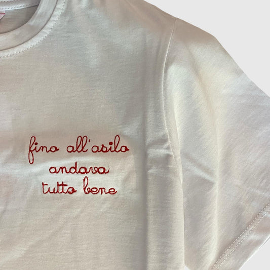 T-Shirt Unisex Bianca in Cotone con Ricamo Rosso - Lab84