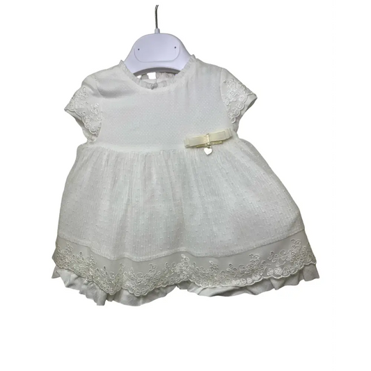 Abitino elegante bambina Mayoral bianco con pizzo e fiocco decorativo per occasioni speciali