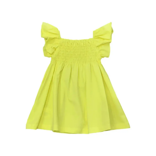 Abitino estiva giallo bambina Y-Clù con maniche a volant e corpetto arricciato