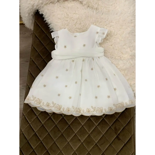 Abito cerimonia con culotte Mayoral bianco con decorazioni floreali dorate per bambina