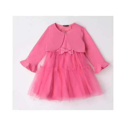 Abito cerimonia Sarabanda coprispalle rosa con gonna in tulle a balze e fiocco centrale