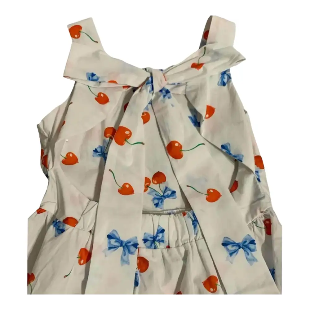 Abito estivo fiori bambina Y-Clù con fiocco sulla schiena e stampa ciliegie e fiocchi