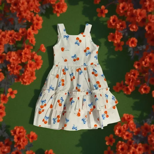 Abito estivo fiori bambina Y-Clù bianco con stampe di ciliegie arancioni e fiocchi azzurri