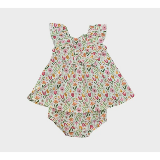 Abito estivo neonata con culotte Y-Clù in tessuto leggero con stampa floreale colorata