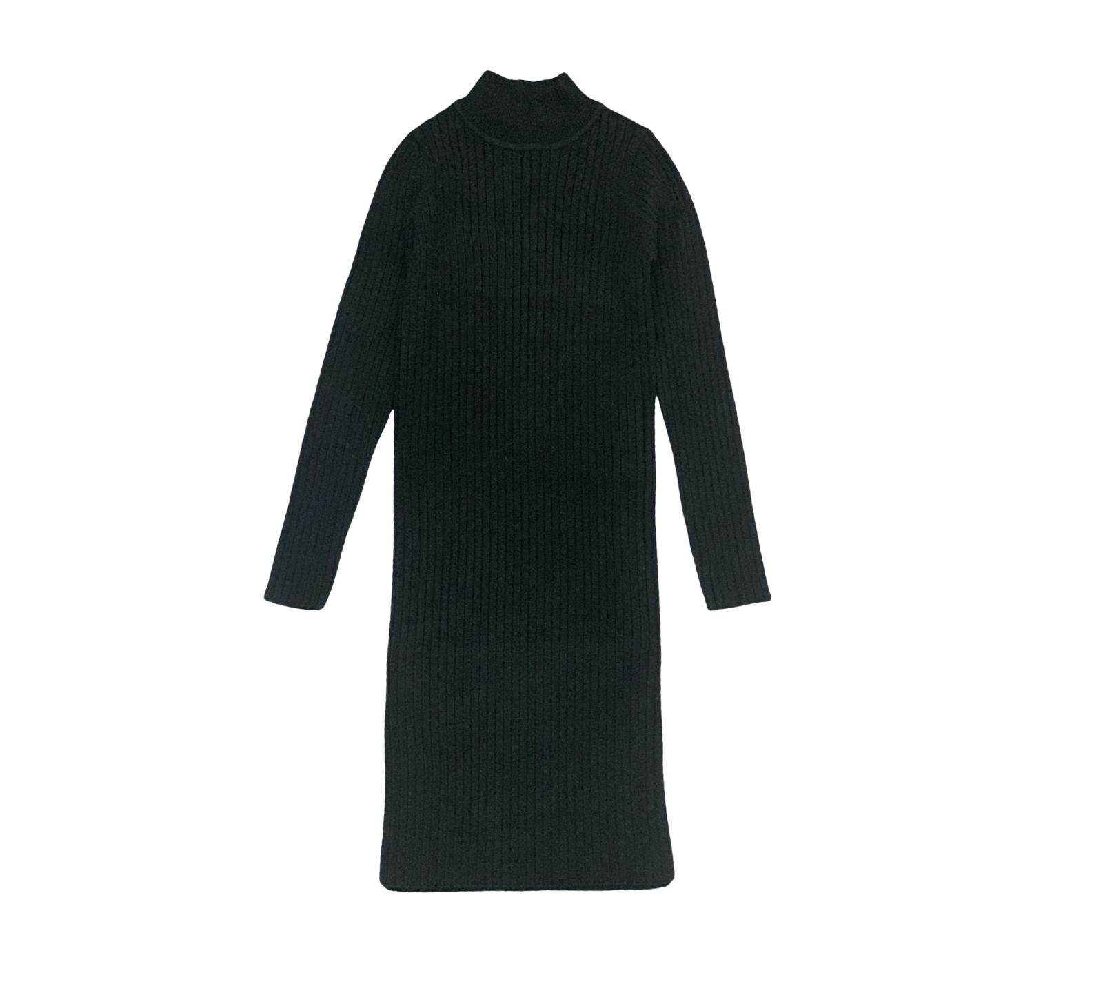 Abito nero tubino bambina in maglia a coste, maniche lunghe e design elegante