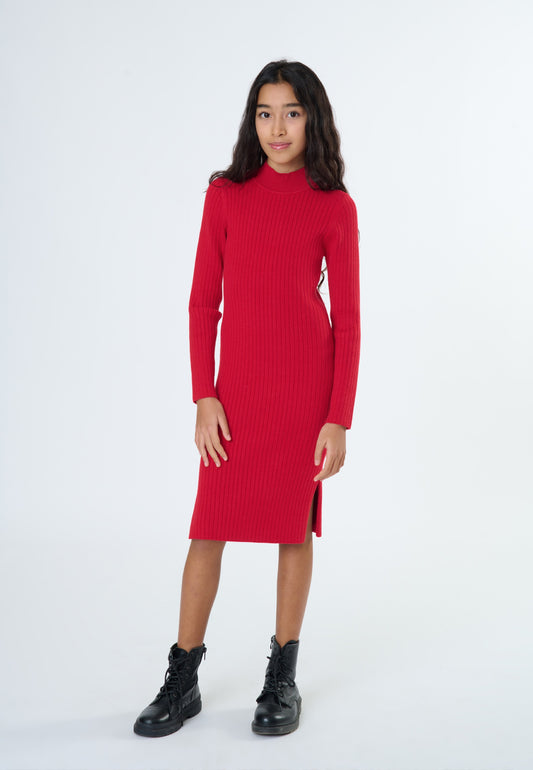 Abito nero tubino bambina in maglia rossa con maniche lunghe e fessura laterale