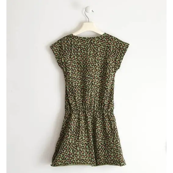 abito bambina fantasia animalier Sarabanda verde oliva con stampa a cerchi maniche corte e coulisse in vita