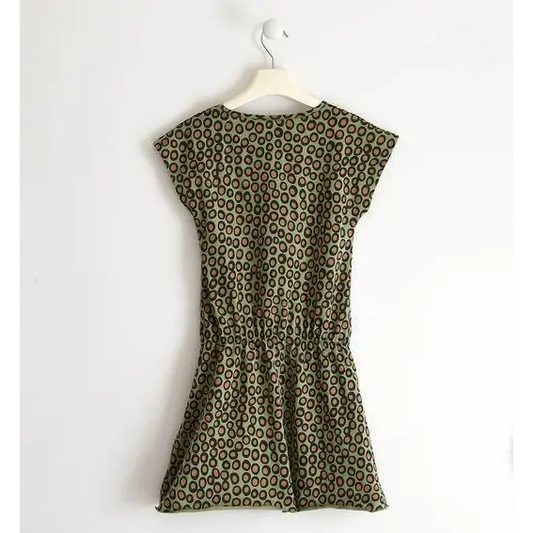abito bambina fantasia animalier Sarabanda verde oliva con stampa a cerchi maniche corte e coulisse in vita
