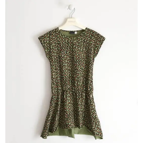 abito bambina fantasia animalier Sarabanda verde con maniche corte vita arricciata e fondo svasato a doppio strato