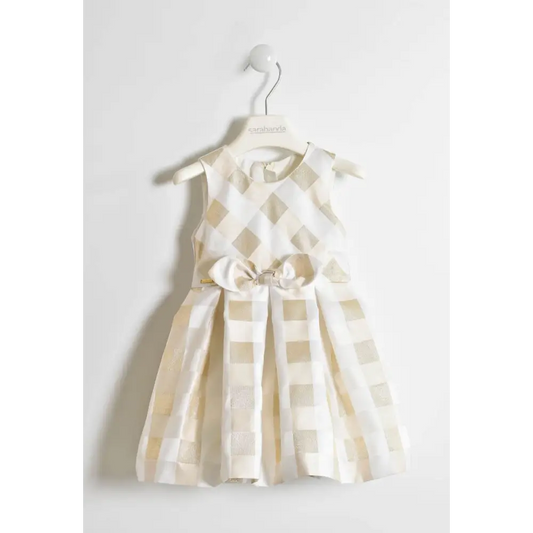 abito elegante bambina 2 anni Sarabanda in tessuto crema e oro a quadri con fiocco vita
