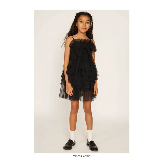 Y Clu abito tulle ragazza 8-16 anni nero con balze a strati e fiocco frontale spalline sottili