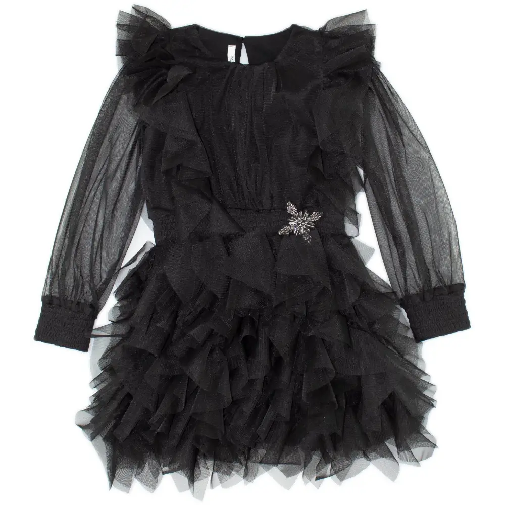 Y Clu abito nero ragazza elegante in tulle a strati con maniche trasparenti e spilla gioiello