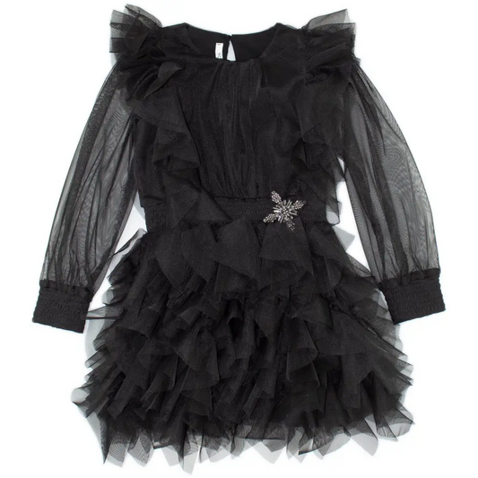 Y Clu abito nero ragazza elegante in tulle a strati con maniche trasparenti e spilla gioiello