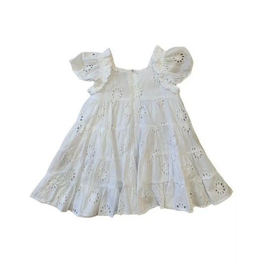 abito pizzo bambina 3-7 anni bianco in cotone con volant maniche a sbuffo e ricami a occhiello