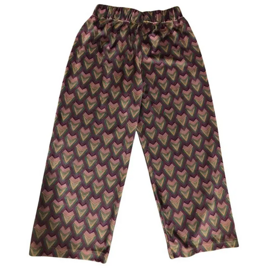 Paris Hilton pantaloni larghi ragazza fantasia in raso lucido vita elasticizzata gamba ampia stampa cuori