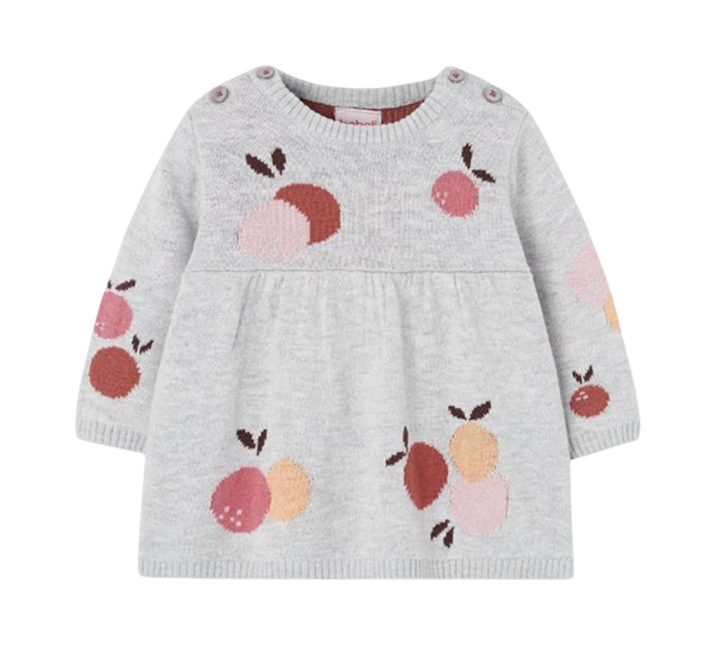 set maglia bebè grigio con frutta Boboli maglia in lana leggera a maniche lunghe con stampe frutta e bottoni spalla