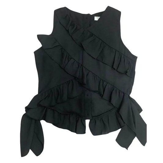 top elegante bambina con balze nero senza maniche con volant diagonali e fiocco laterale