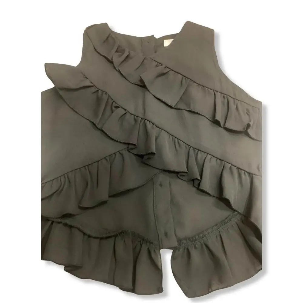 Top Y Clu in tessuto scuro con balze diagonali multiple e scollo rotondo, top elegante bambina con balze per cerimonie