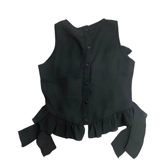 top elegante bambina con balze nero smanicato con bottoni sul retro e volant e fiocchi