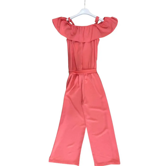 tuta lunga ragazza 16 anni in tessuto corallo con scollo a volant spalle scoperte e cintura