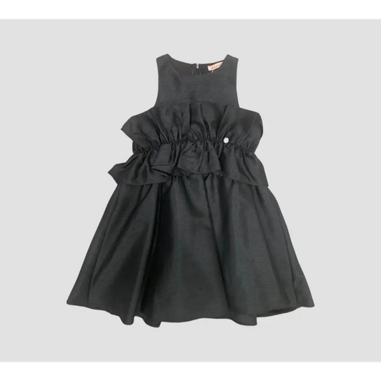 Paris Hilton vestito elegante nero bambina senza maniche con volant a balza in vita e gonna ampia