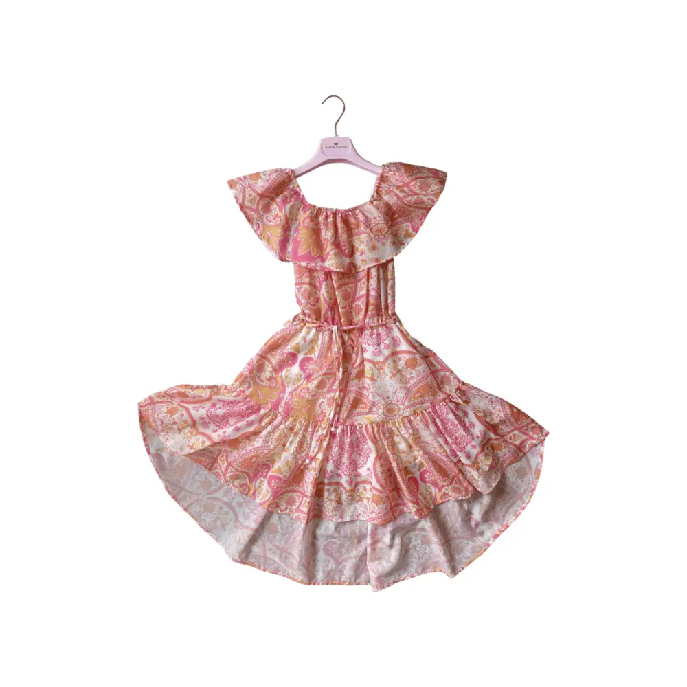 abito fantasia paisley bambina Paris Hilton rosa con volant scollo a barca vita elasticata e gonna a balze