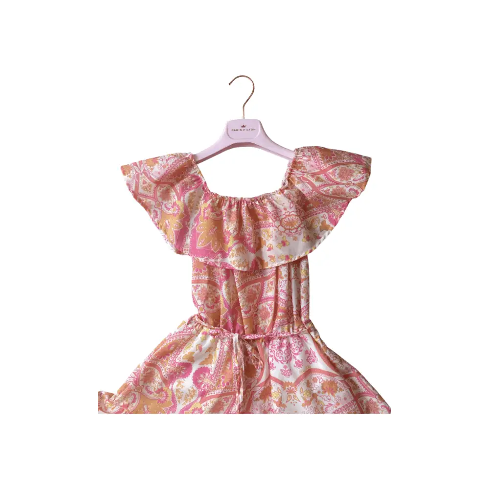abito fantasia paisley bambina Paris Hilton rosa con scollo volant spalle scoperte vita elasticata e cintura