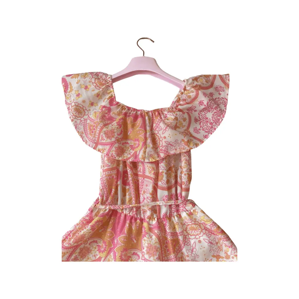 abito fantasia paisley bambina Paris Hilton rosa e beige con volant e elastico in vita per occasioni estive
