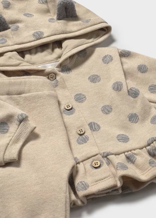 Completo 3 pezzi Neonata Volpe e Pois Morbido.. Mayoral maglia beige con cappuccio a orecchie di volpe e pois grigi