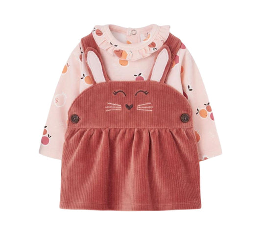 Boboli completo neonata con conigli salopette in velluto a coste rosa con orecchie da coniglio e maglia a manica lunga stampata