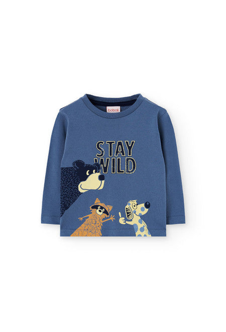 Maglietta blu bambino autunno inverno con stampa stay wild e personaggi animali di Boboli