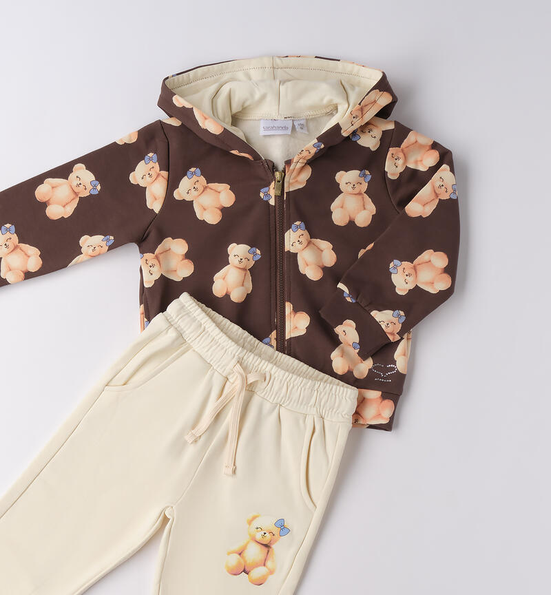 Tuta bambina orsetti Sarabanda con felpa con cappuccio e zip marrone con stampa orsetti e pantaloni crema