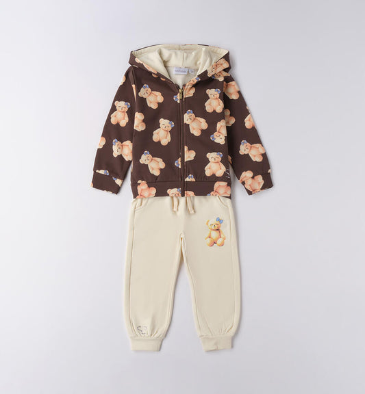 Sarabanda tuta bambina orsetti con felpa marrone stampata di orsacchiotti e pantaloni crema