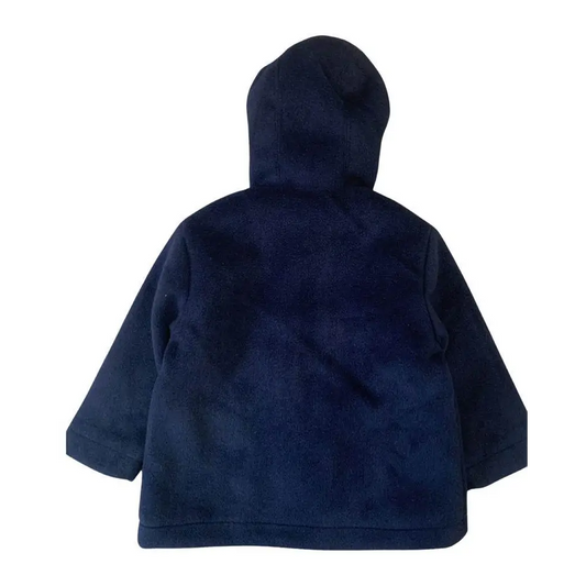 cappotto neonato con cappuccio in pile blu scuro Y Clu vista posteriore maniche lunghe morbido