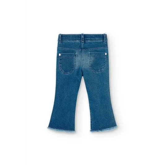 Boboli pantaloni jeans a zampa per bambina in denim blu vista posteriore tasche posteriori orlo sfrangiato