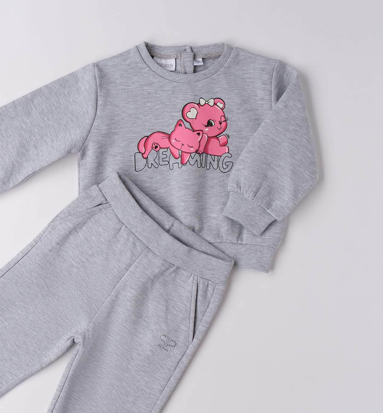 Tuta bambina grigia gattino orsetto Sarabanda in cotone felpato con top manica lunga e pantaloni con tasche