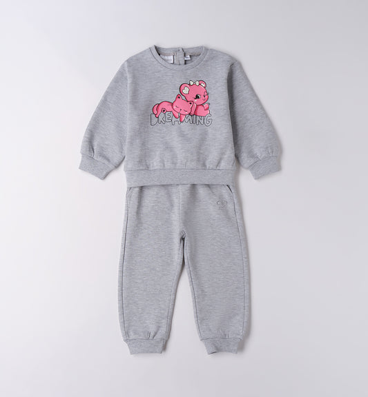 Sarabanda tuta bambina grigia gattino orsetto in cotone felpato due pezzi maglia e pantaloni