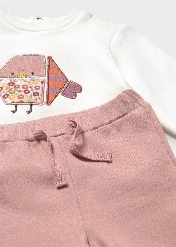 Mayoral Tuta con gilet stampa neonata completo in cotone con maglia applicata a uccellino e pantaloni rosa