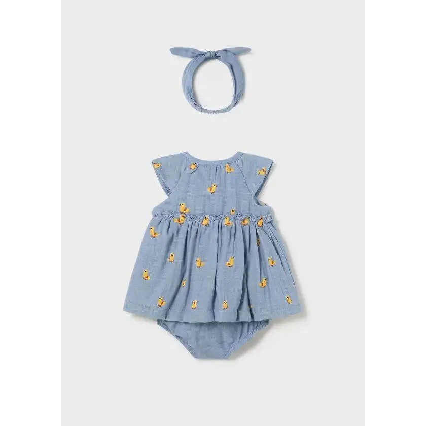 vestito copri pannolino neonata Mayoral azzurro con stampa paperelle gialle e fascia abbinata