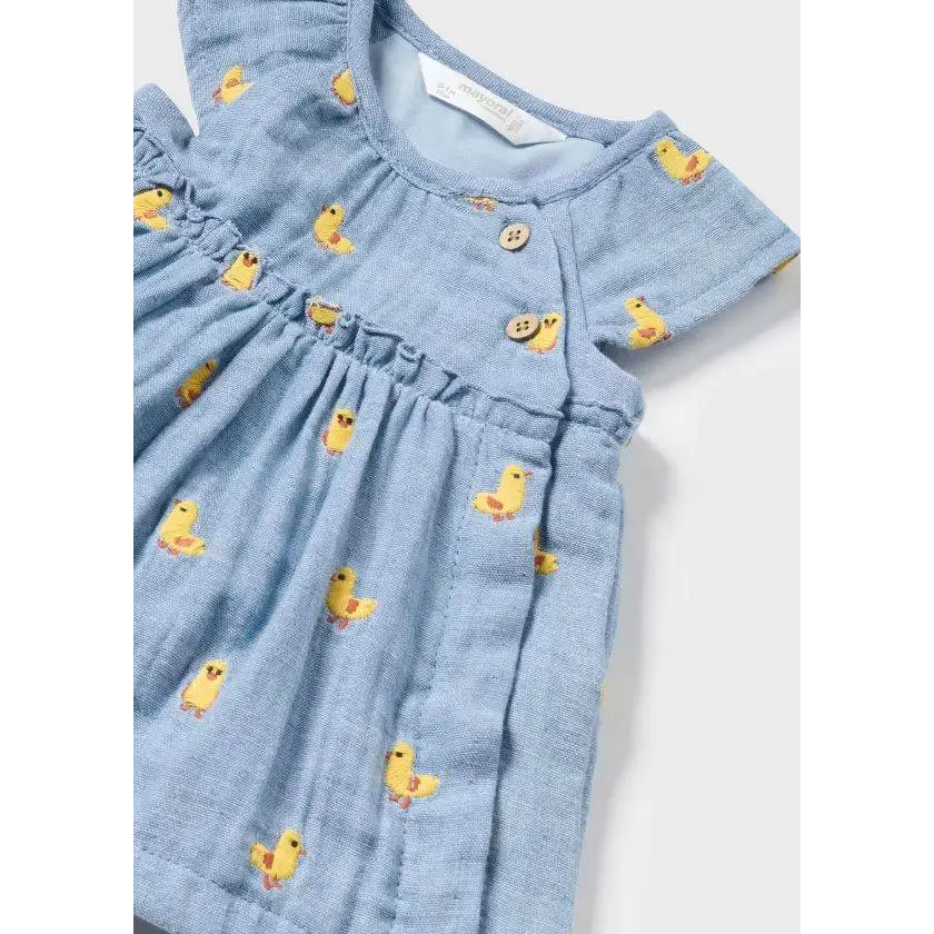 Mayoral vestito copri pannolino neonata azzurro con stampa paperelle gialle bottoni e volant